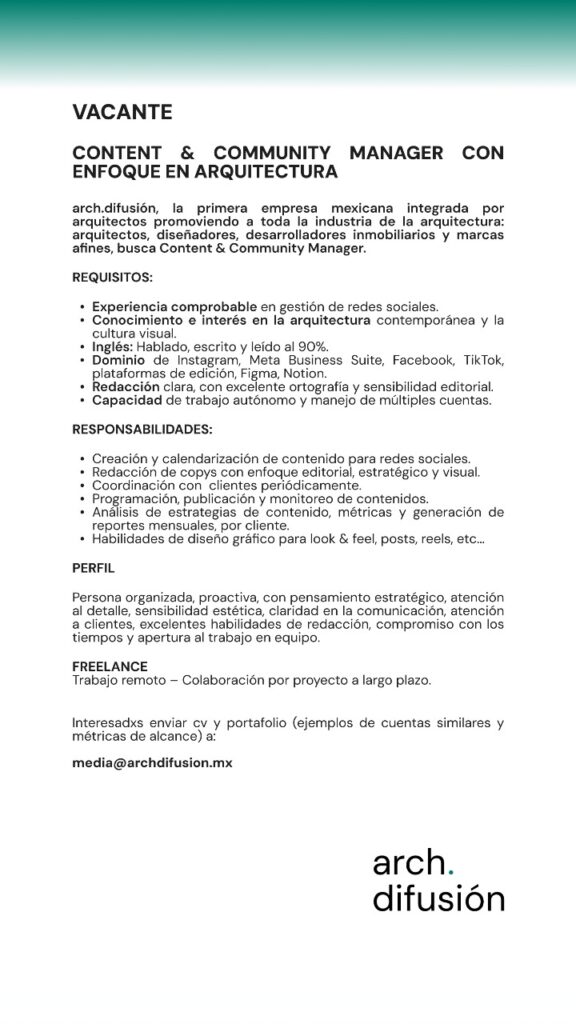 Content & Community Manager con enfoque en Arquitectura